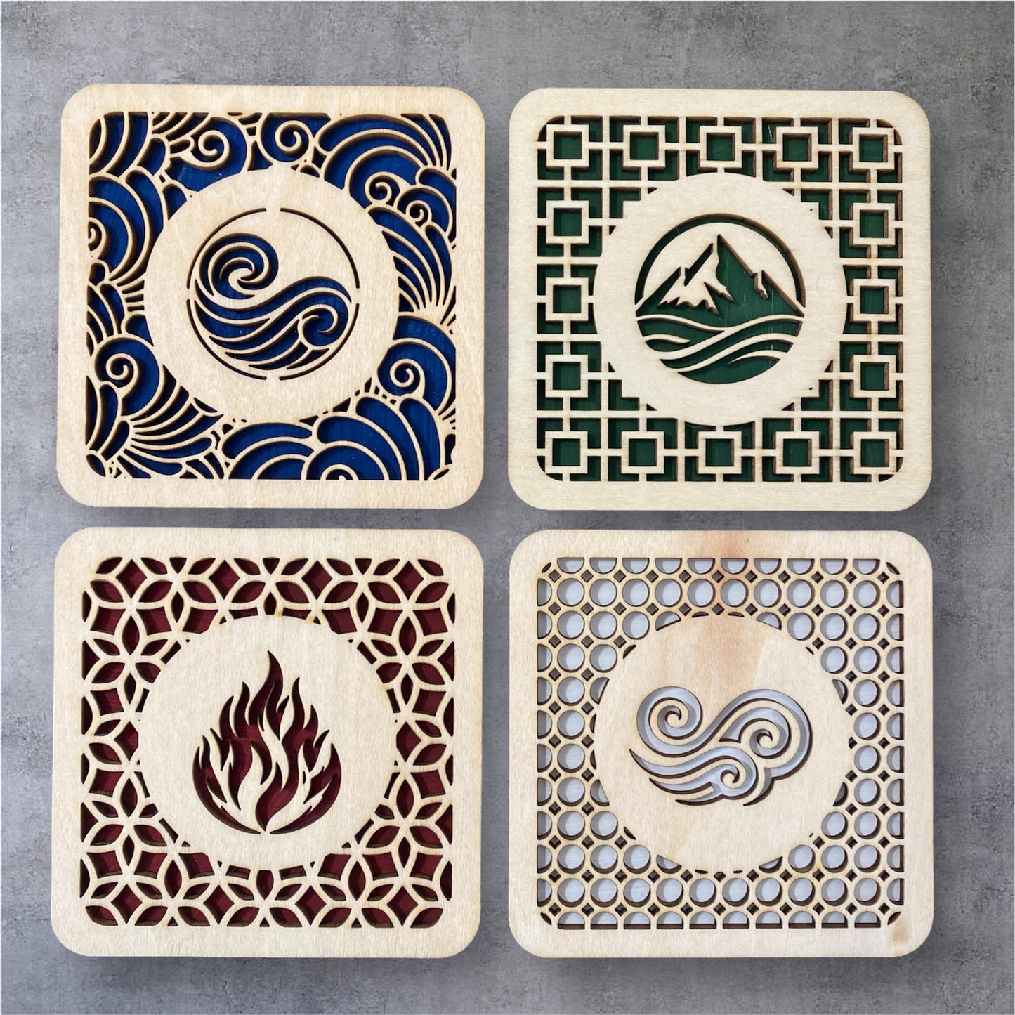 Four Elements Wooden Coaster Set
